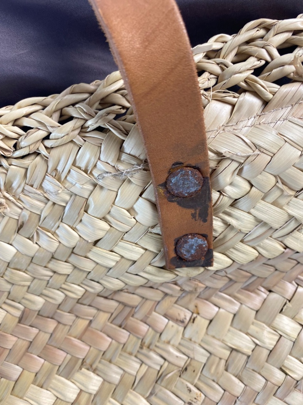 French Market Basket Tote | Woven Straw & Leather Straps | Drawstring Closure - Picture 6 of 7